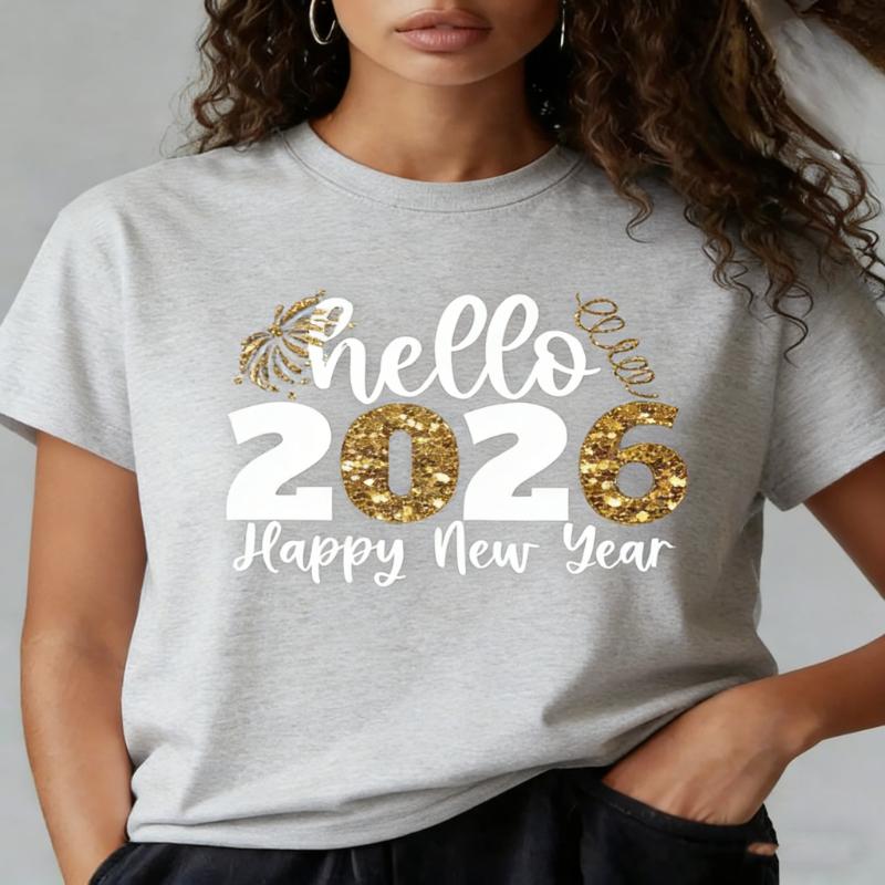 2026 Hello Womens TShirt Womens Happy New Year Pattern Print TShirt Top Summer Loose Casual Round Neck Short Sleeve TShirt