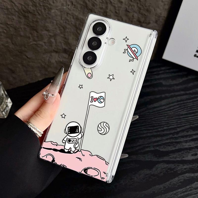 Magnetic Adsorption Phone Case For Samsung Galaxy Z Fold 7 6 5 Fold7 Fold6 Fold5 5G Cute Astronaut Print Clear Shockproof Cover