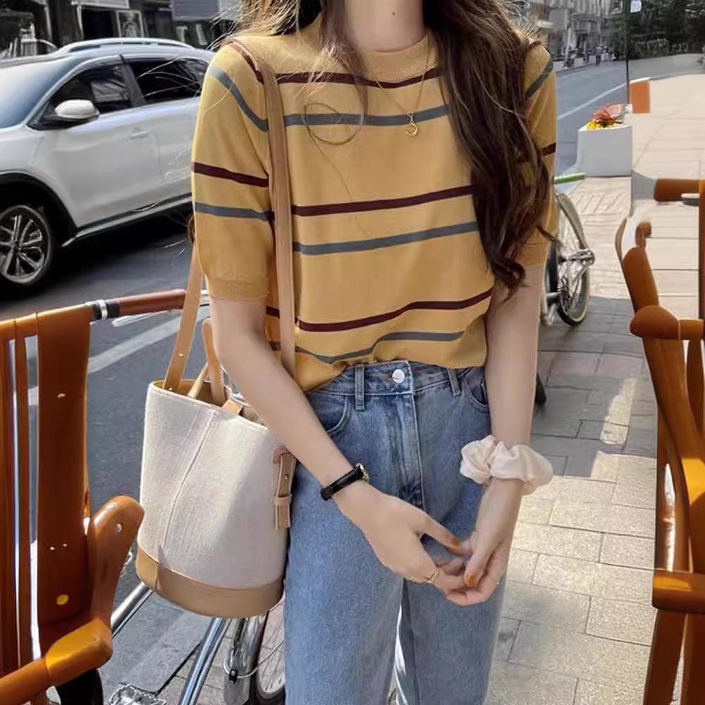 

2024 Women s Striped Ice Silk Retro Loose Knit Short Sleeve Top Small имбирный/жёлтый