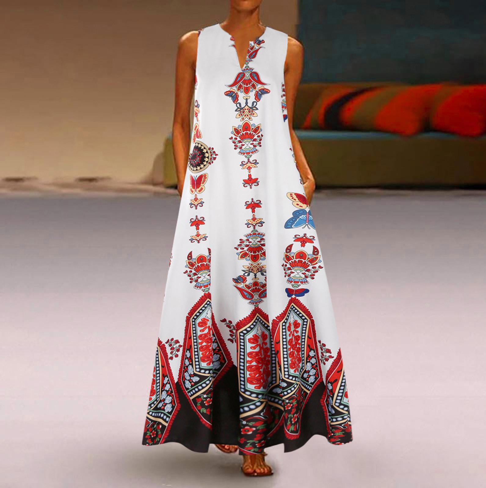 

Women Fashion Casual Retro Print Dress V-Neck Sleeveless Plug Pocket Dress XXL білий