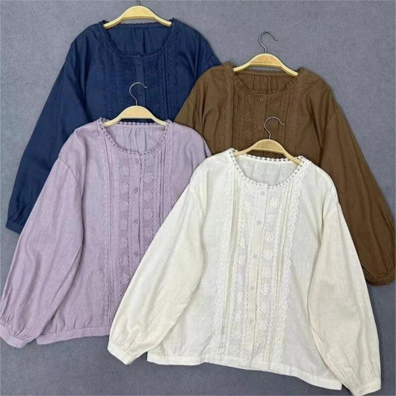 

Johnature Forest, винтажная весенняя рубашка с длинными рукавами, женские кружевные лоскутные блузки с французским кружевным воротником One Size фиолетовый