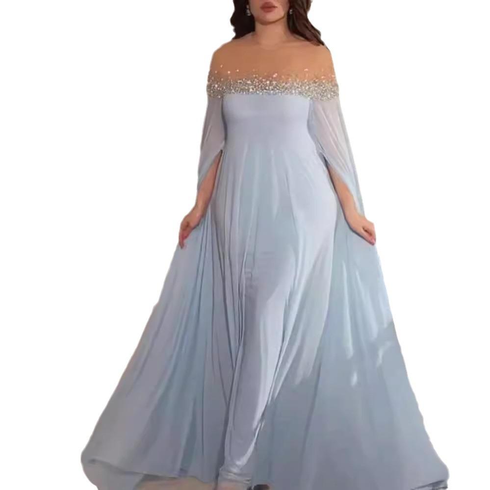 2023 Spring Summer Elegant High Waist Chiffon Evening Gown with Pearls