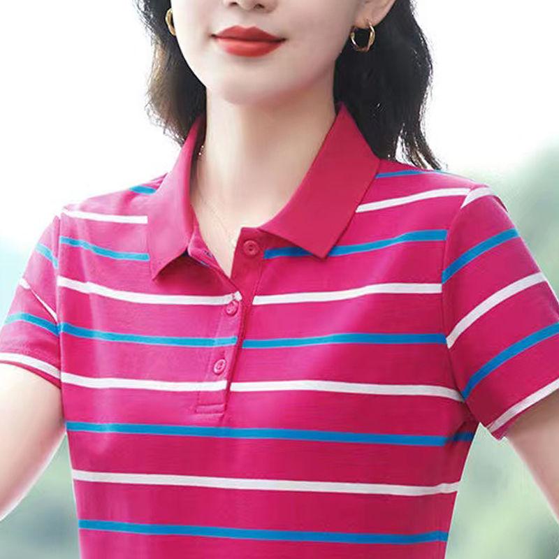 

Женская хлопковая футболка с коротким рукавом 2025 лето новейшая полосатая повседневная спортивная элегантная рубашка-поло с лацканами XXXL