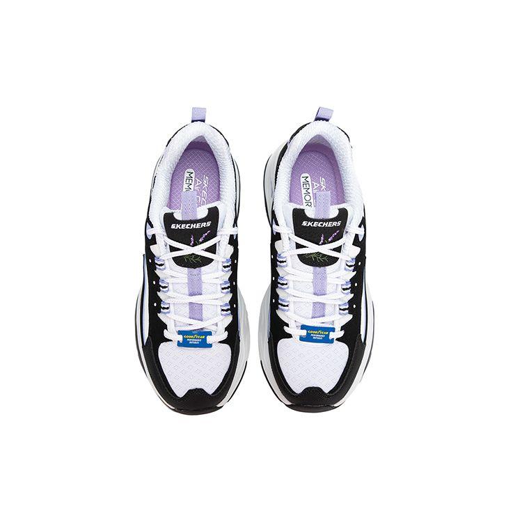 Skechers DLites Stoff Leder Bequem Vielseitig Niedrig geschnitten Dad Sneaker Damen Sneaker Schwarz Lila 896138-BKLV