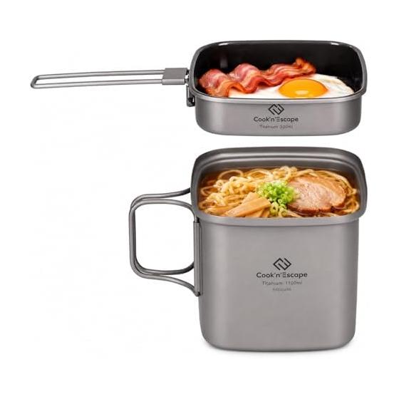 COOK N ESCAPE Titanium square cooker set, 1100ml pot + 300ml frying pan + 400ml kettle, ultra-lightweight 385g, ceramic processing, can be used with