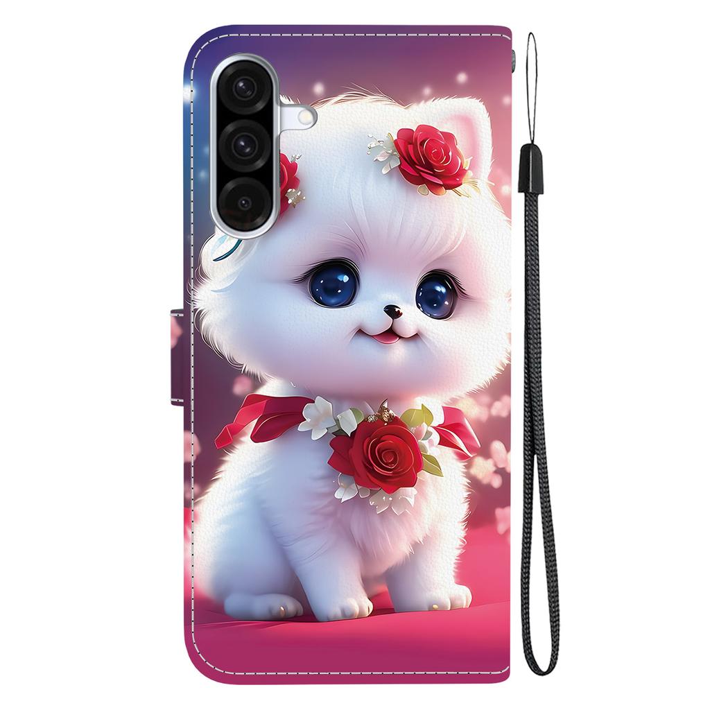 Étui à rabat en cuir PU fait main pour Samsung Galaxy A26 (SM-A266E)- Housse Antidérapante Antichoc avec Dragonne et Motifs Chat Cœur/Rose