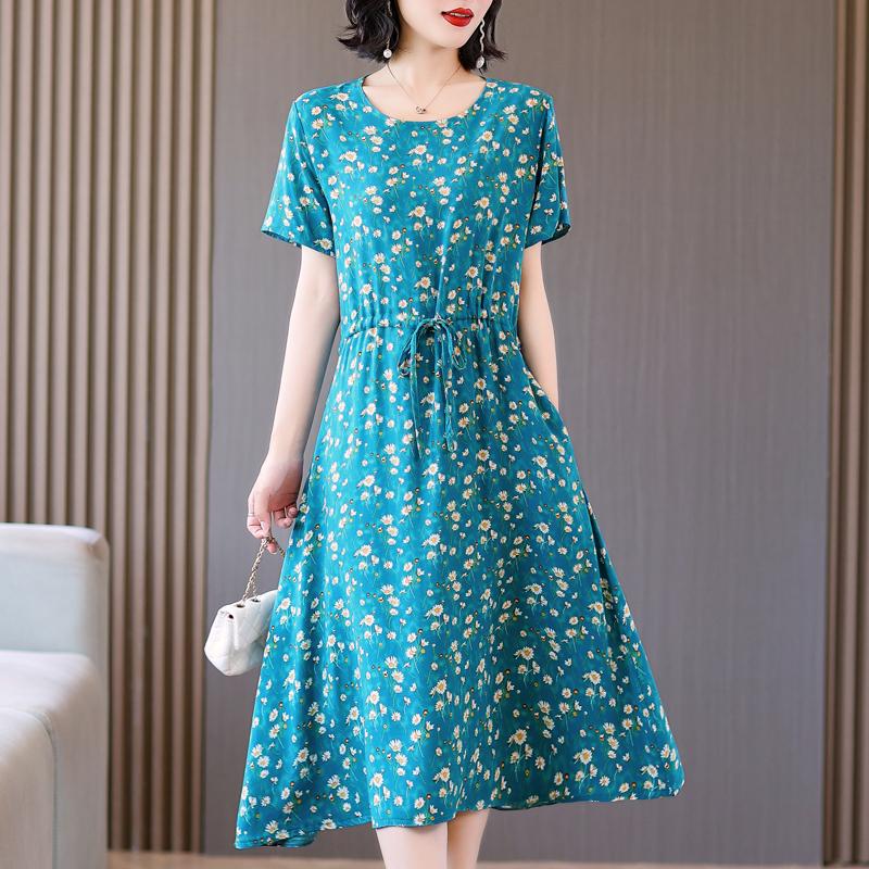 Eleganckie sukienki dla kobiet Nowa, na co dzień, długa sukienka z nadrukiem w stylu vintage, letnia odzież damska z krótkim rękawem w stylu koreańskim