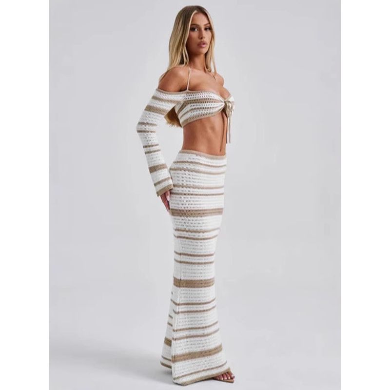 Long Sleeve Neck Hanging Dress Set Long Sleeves Halter Top Bodycon Dress Suit