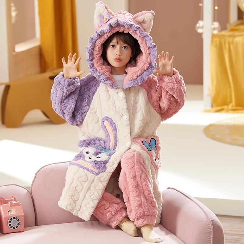 Kids Flannel Pajamas Set Boys Girls Warm Long Sleeve Top And Pants Sleepwear Winter Home Nightwear