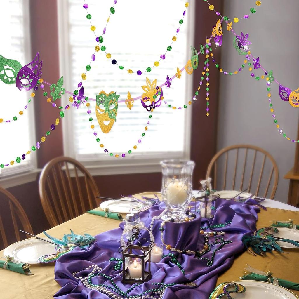 Cheerland Green Purple Gold Mardi Gras Mask Banner Paper Bead Garland Set for Mardi Gras Theme Party Decorations Triangle Flag Bunting for Fat