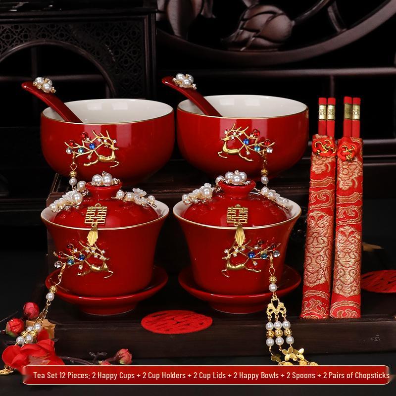 Wedding Tea Set: Red Bowls, Cups, and Chopsticks for Bride's Dowry