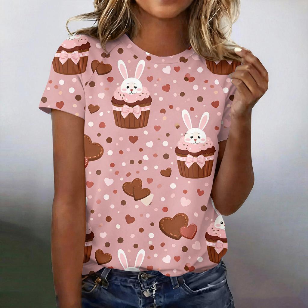 Women's Fashionable Casual Short-Sleeved Raglan Sleeve Easter Print T-Shirt Top