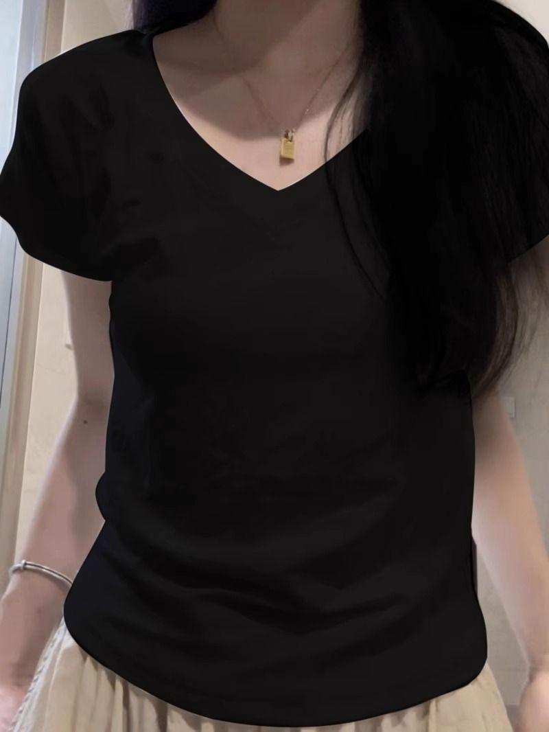 

Женская приталенная футболка с V-образным вырезом и коротким рукавом - Шикарный летний топ в корейском стиле L чёрный