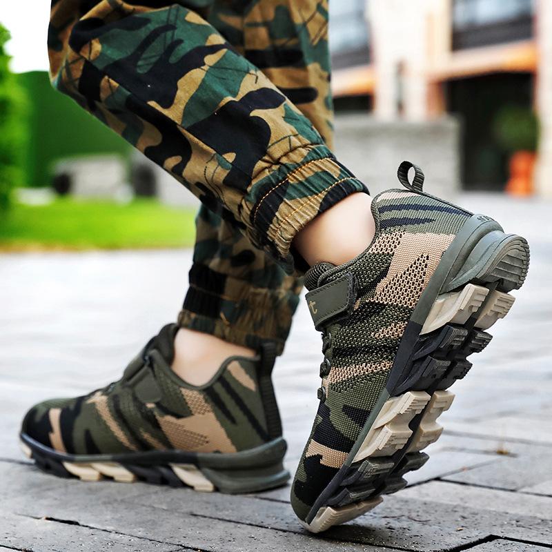 Boys' Shoes Warm Season and Autumn New Children's Sports Shoes Trendy Camouflage Green Flying Woven Sports Shoes for Big Children