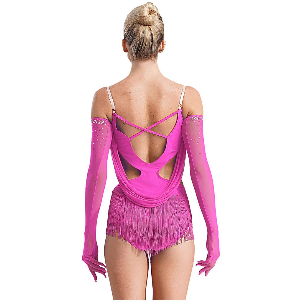 Womens Ruched Mesh Drapes Tassel Dance Leotard Glittery Rhinestones Adjustable Straps Cutout Fringed Bodysuit Gloves