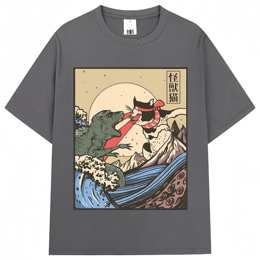 Japanese Style Kaiju Vs Cat Funny Meme Graphic Tshirts Men Women Fashion Vintage Manga T Shirts Oversized Cozy Cotton T Shirt