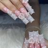 24Pcs Long French Fake Nails with Glue Ballet False Nails Butterfly Rhinestone Design Press On Nails Wearable Coffin Nail Tips