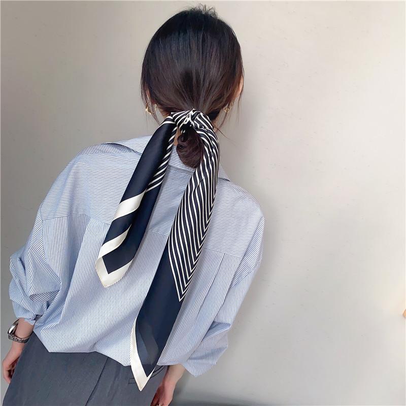 1 pcs 70cm Korean Style Women's Small Square Scarf Simple Stripes Brocade Fashionable Headscarf Sunblock Shawl Russian Headscarf