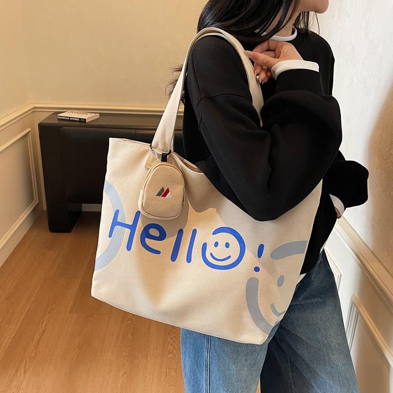 Large Capacity Casual Trendy Fashion Smiley Face Class Commute Portable Shopping Bag Canvas Bag Women'S Shoulder Bag Tote Bag