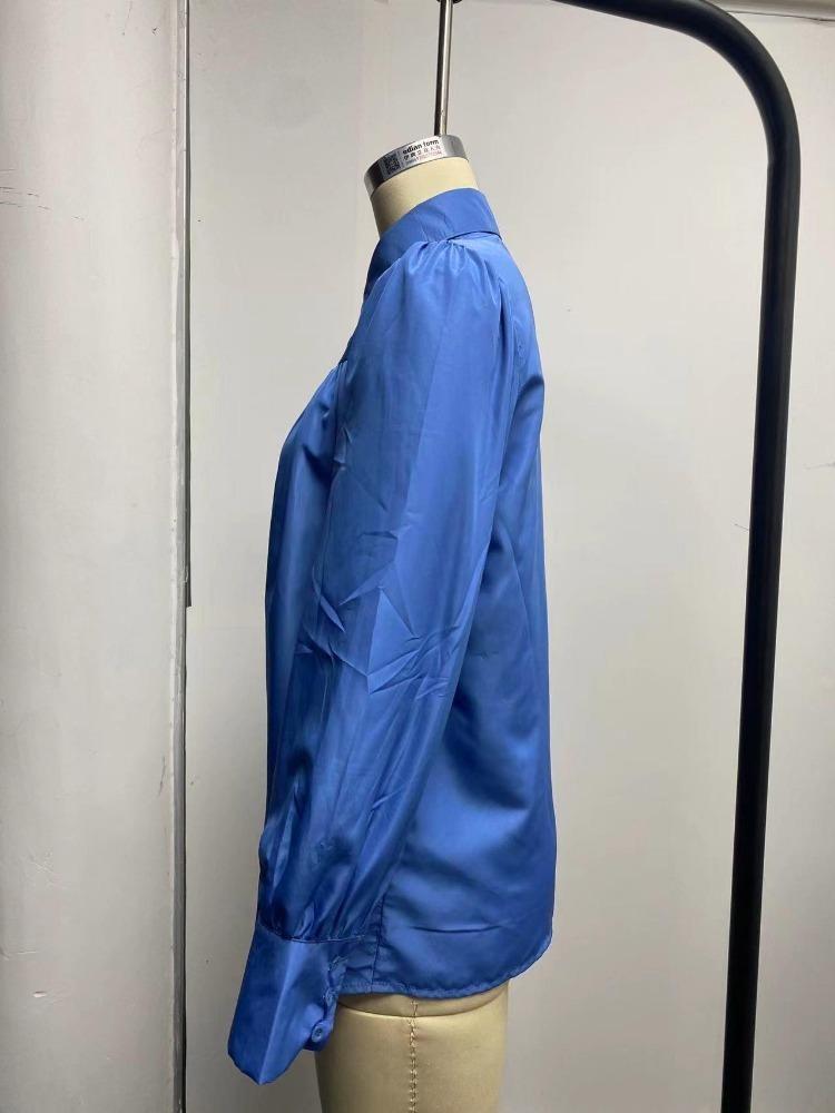 Women Loose Solid Color Button Down Shirt with Pleated Lantern Sleeves