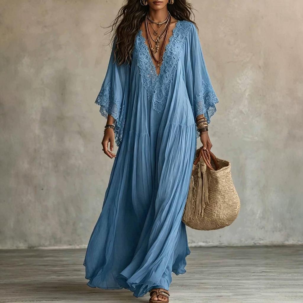 Bohemian Lace Patchwork Chiffon Dress - Western Style Hot Item
