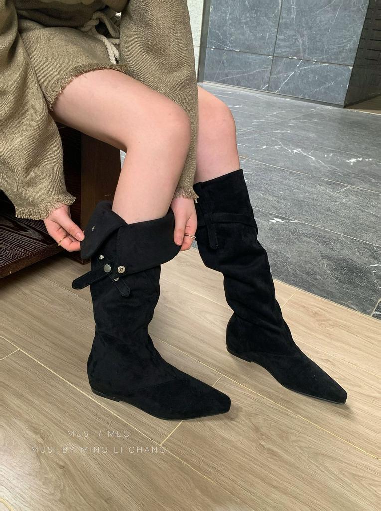 [] Retro pointed inner heightening high knight boots new two wear pile boots western high boots