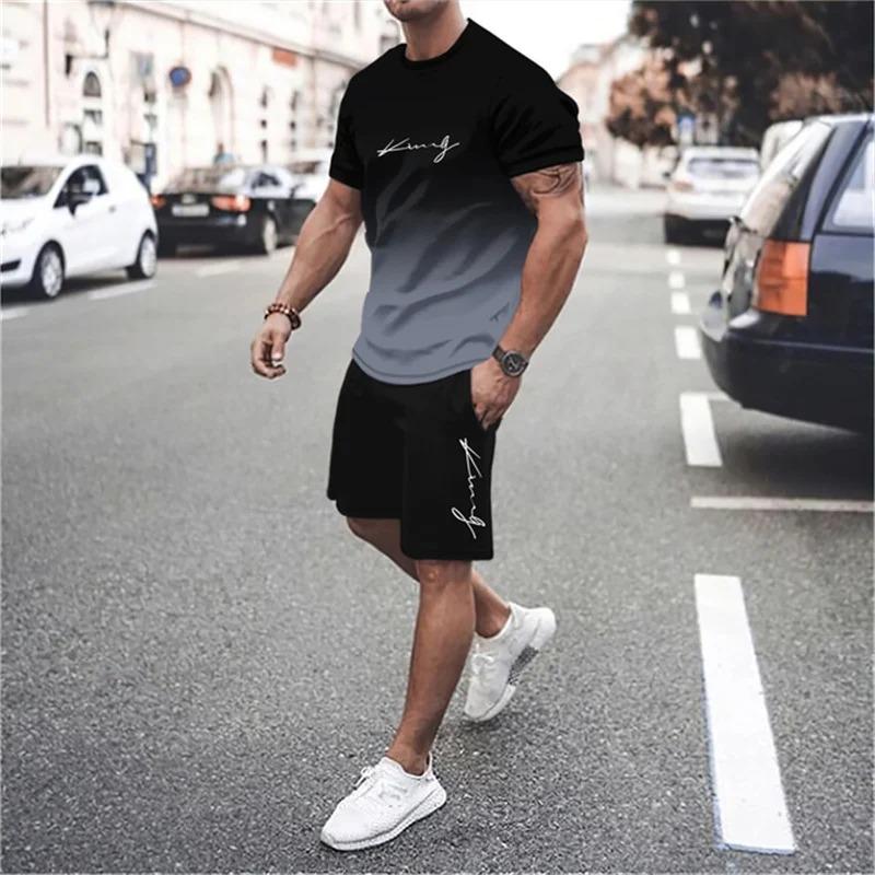 Nejnovější pánská sada trička s 3D gradientem a kraťasů, krátký rukáv, kulatý výstřih, ležérní a módní, skateboardové sportovní oblečení