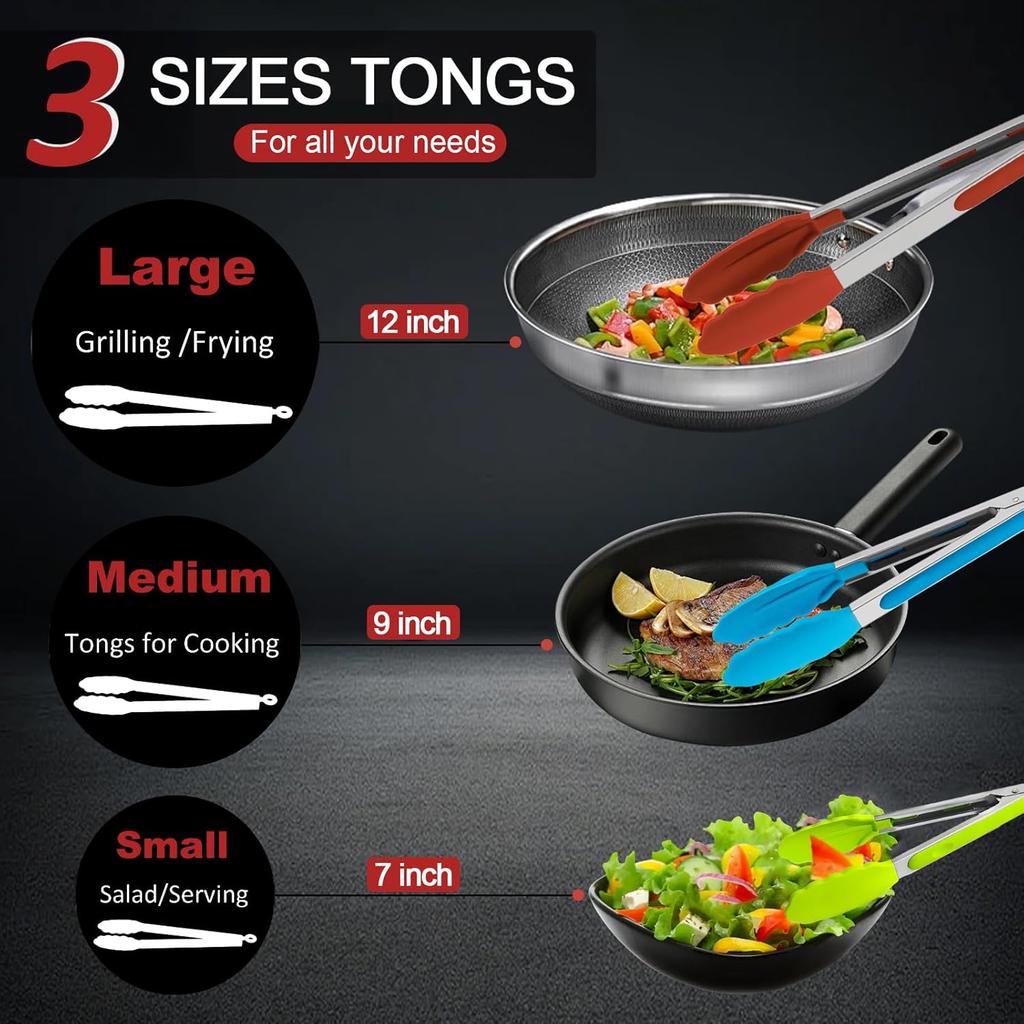 9 Pieces Silicone Tongs for Cooking 7,9,12 inches Kitchen Tongs with Silicone Tip Stainless Steel Heat Resistant Cooking Tongs for Food Grill Salad