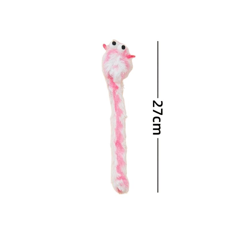Pink White Plush Cat Toy, Long Worm Kitten Teaser with Bell, Interactive Pet Chew Play Toy for Cats Gift