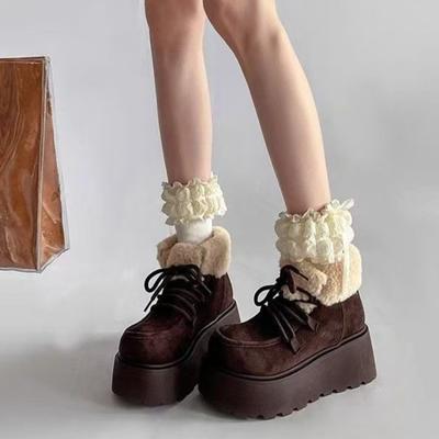 Fashion Lace-up Chunky Snow Boots for Women Winter Round Toe Booties Height Increase Plush Woman Shoes New Rock Fashion 2025 Goth Boot