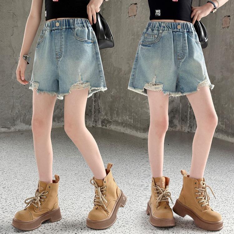 Girls Frayed Wide-Leg Denim Shorts - Summer Stylish Ripped Pants 150 cm