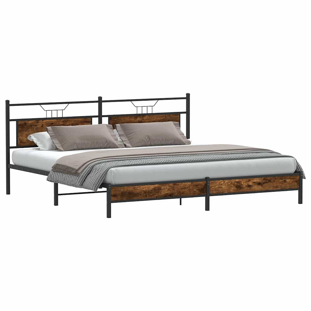 Metal Bed Frame Without Mattress Smoked Oak Finish 193 X 201 Cm