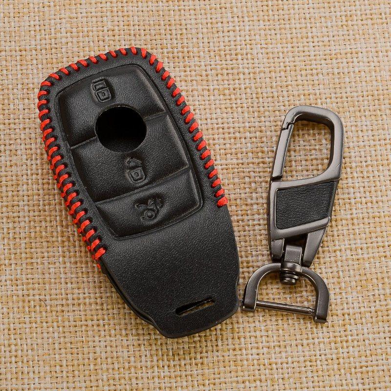 Car Leather 3 Button Key Fob Cover Case Holder Bag with Keychain Fit For Mercedes-Benz A E C S Class Vito W907 G-Klasse