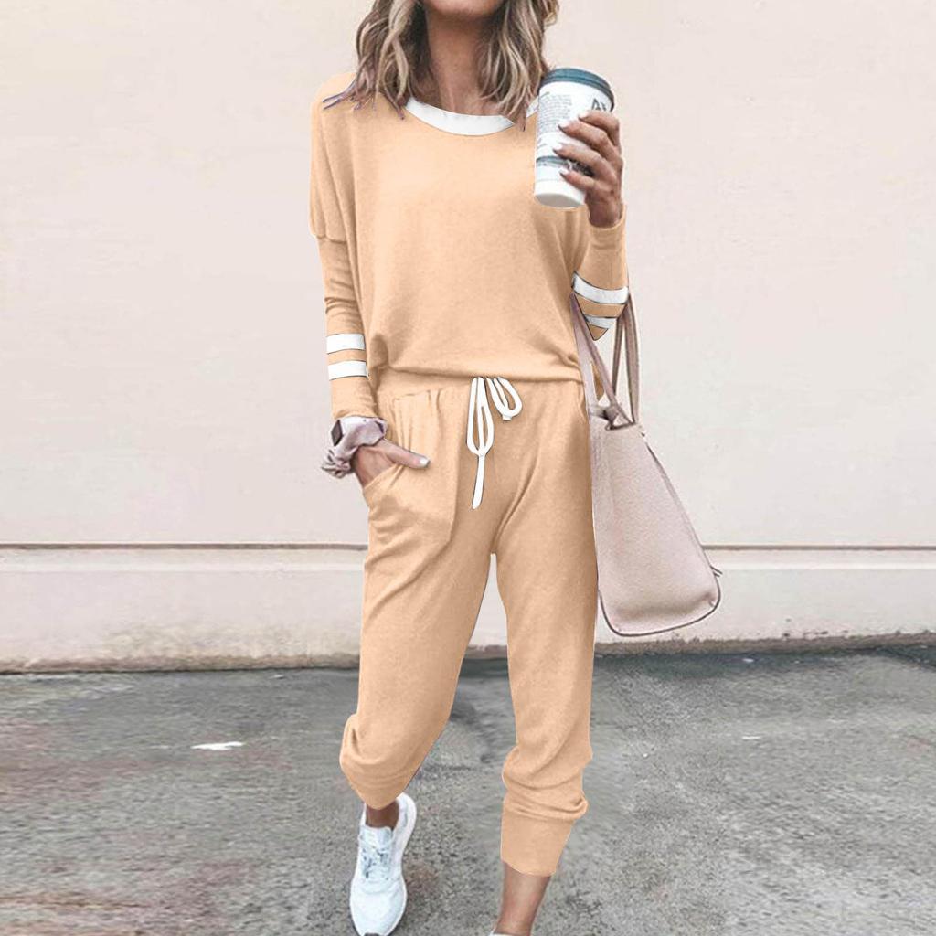 Women's Fashion Loose Color-Block Striped Long-Sleeve Round-Neck Drawstring Sports Casual Top And Pants Two-Piece Set