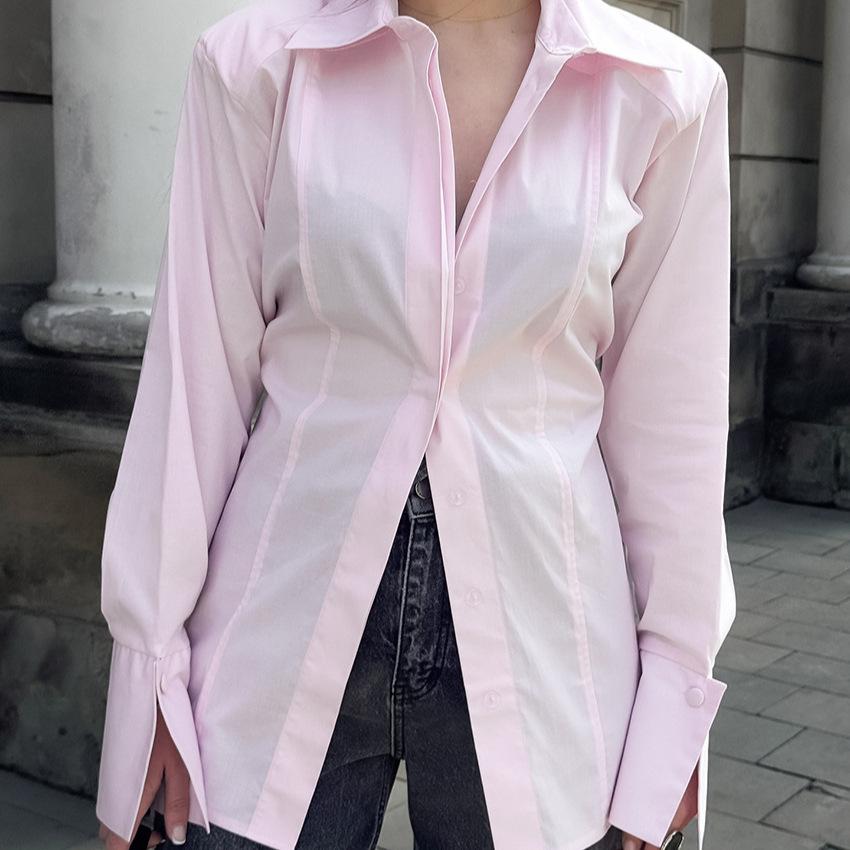 1116 Spring New European and American Fashion Design Sense Waist Split Pink Shirt Commuter Versatile Casual Top Women