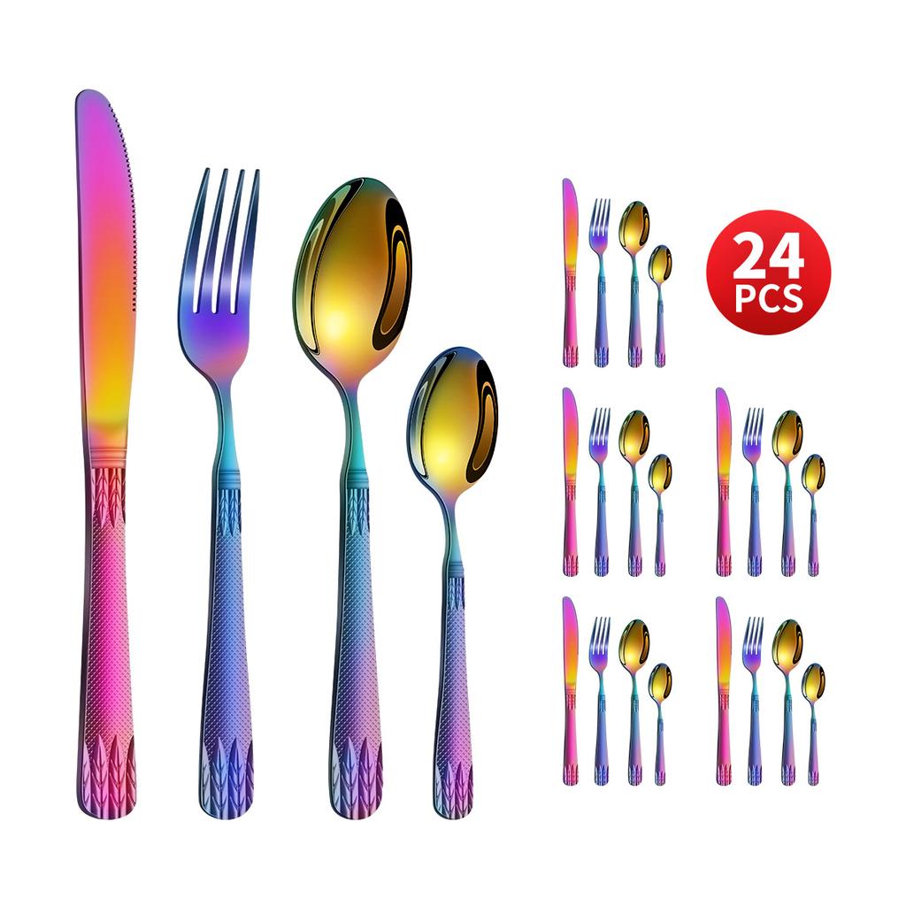 Stainless Steel Embossed Handle Western Food Hotel Tableware Knife, Fork and Spoon Dessert Spoon 24 Pieces Suit