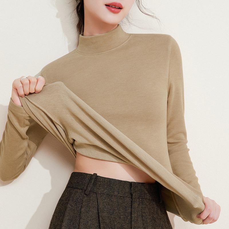 Semi-turtleneck silk warm clothes women's top with fleece thickened inner wool bottoming shirt warm fleece heating middle collar autumn clothes