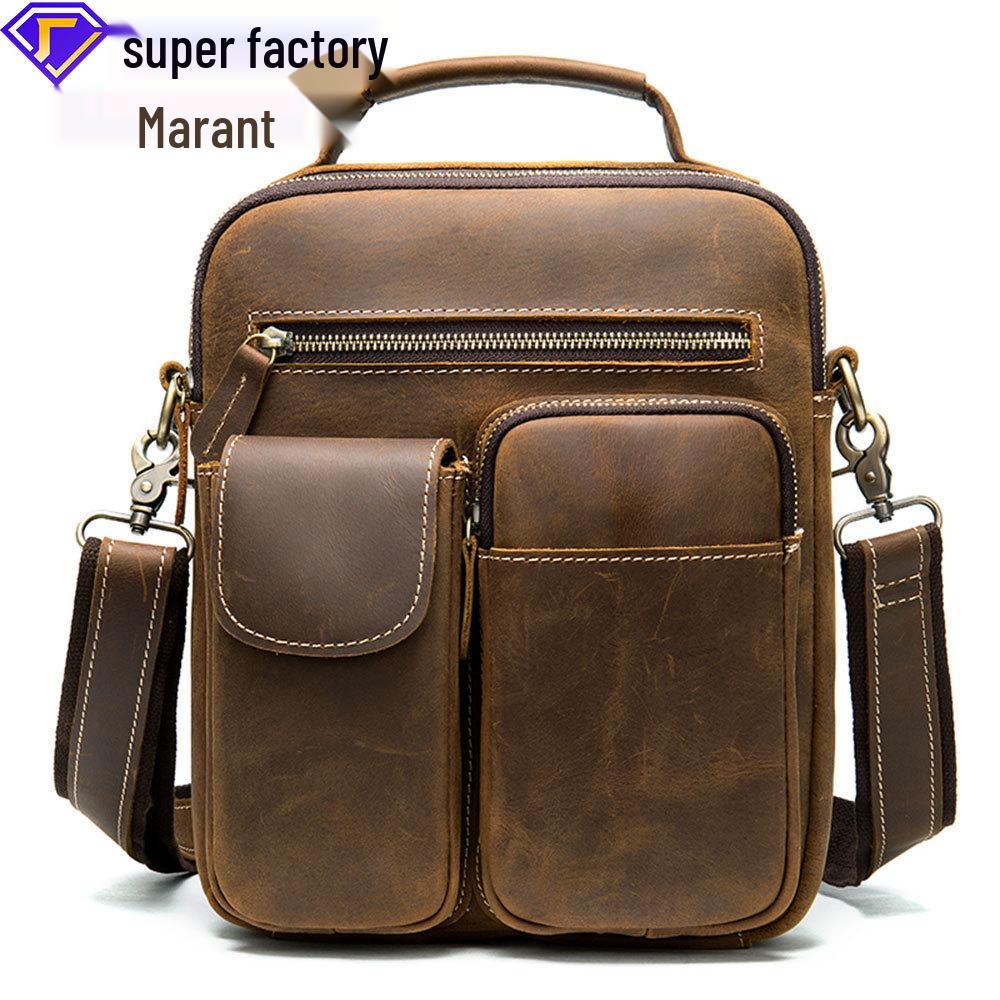 Men’s Genuine Leather Crossbody Messenger Bag - Top Layer Crazy Horse Cowhide, Large Capacity Shoulder Bag