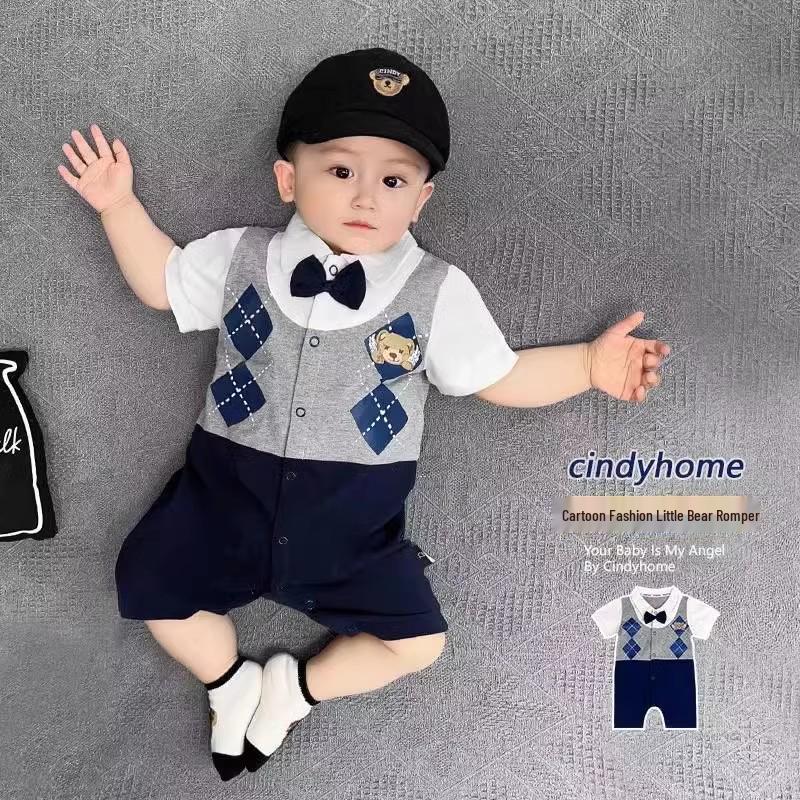

Preppy Argyle Bear Short Sleeve Romper - Summer Outfits for Newborns 73 cm