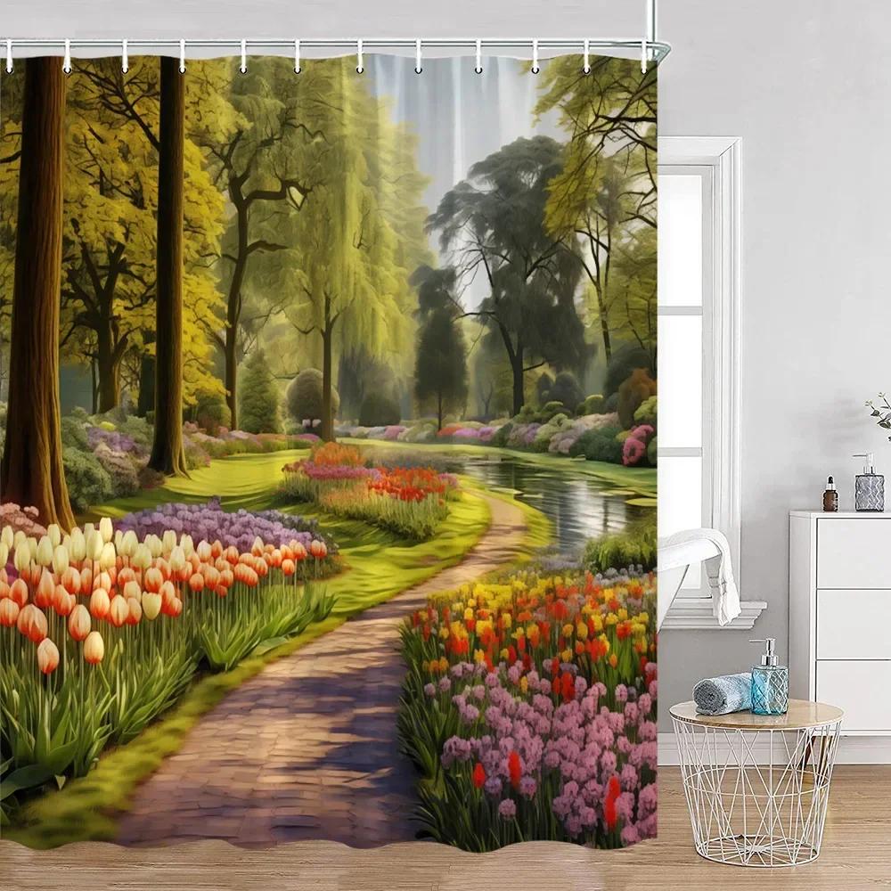 Colorful Flowers Green Plants Shower Curtain Trees Spring Landscape River Tulip Bathroom Curtain Polyester Bathroom Decoration