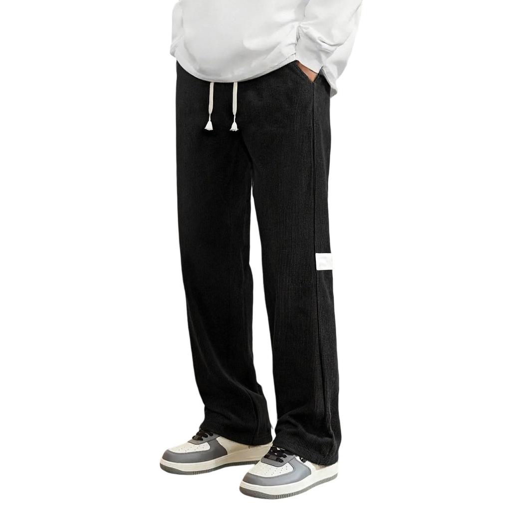 Men's Corduroy Drawstring Casual Pants, Loose Fit Straight Wide Leg Trousers