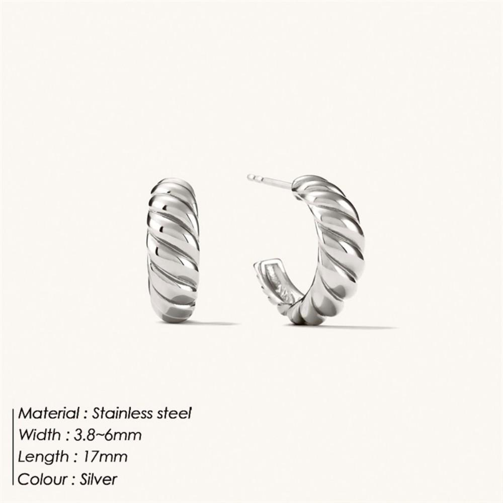Elegant French C-Shaped Hoop Earrings with Versatile Texture and Stainless Steel серебряный