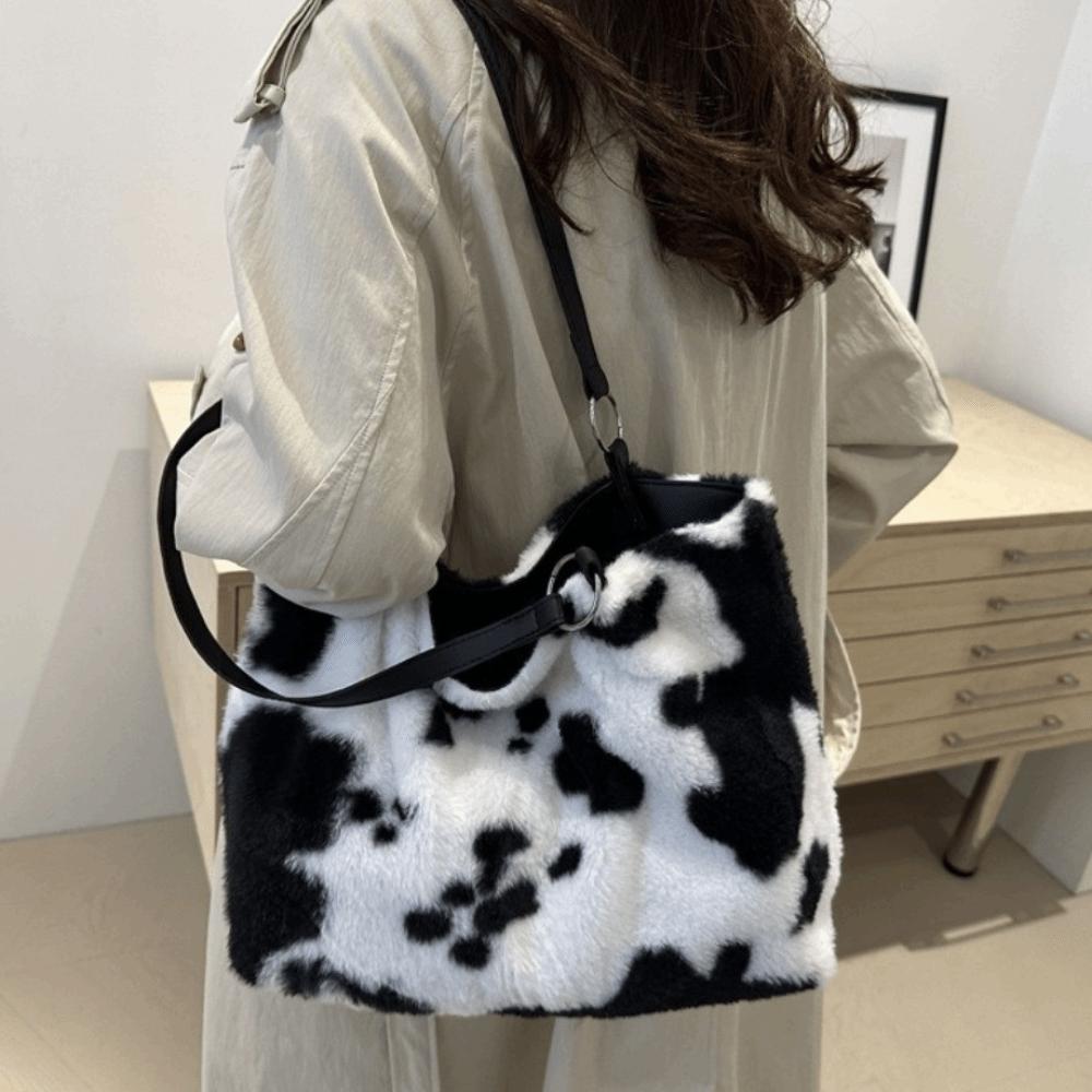 Large Capacity Plush Tote Bag Versatile Underarm Bag Gift Cow Print Shoulder Bag Women