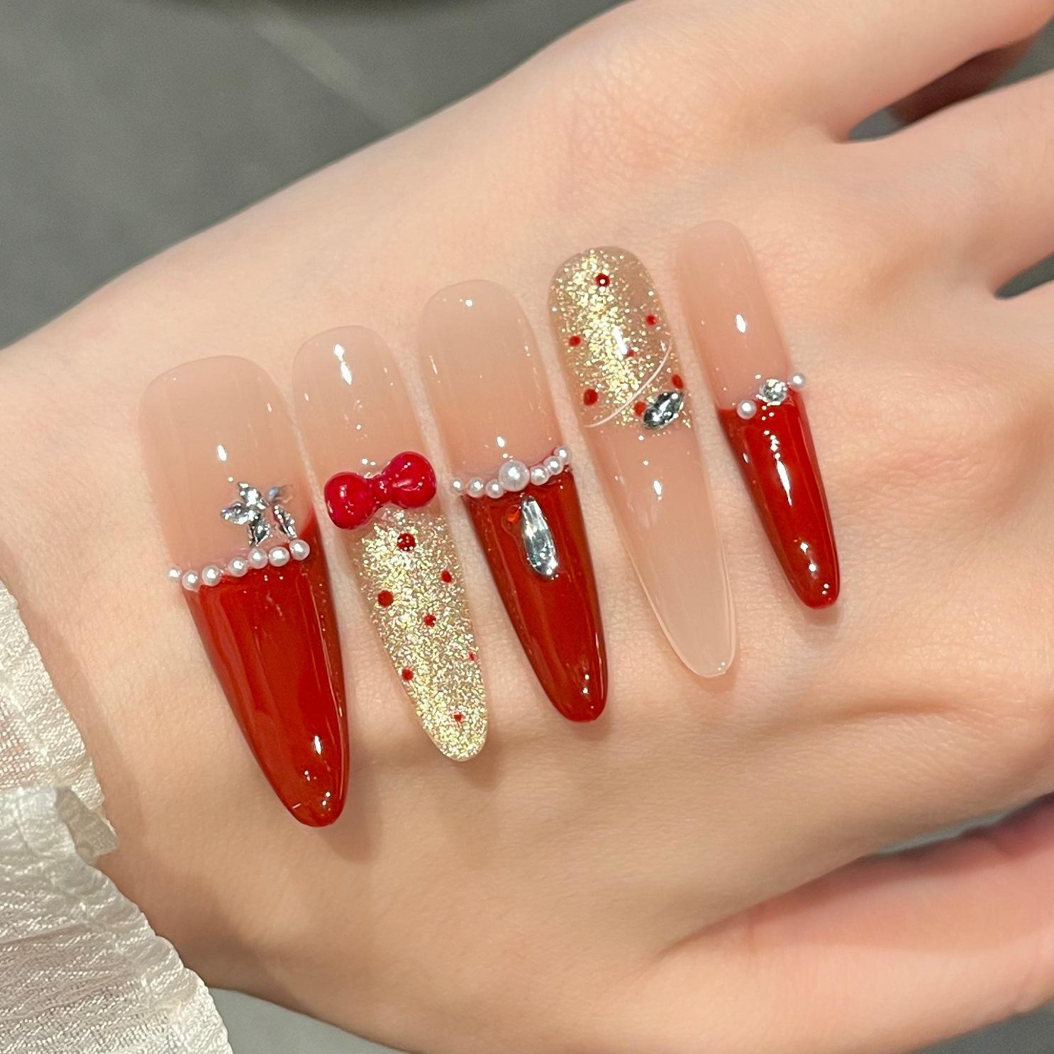 Sparkling Red French Style Handmade Wearable Nails: Elegant, High-Grade, and Whitening Bagged M