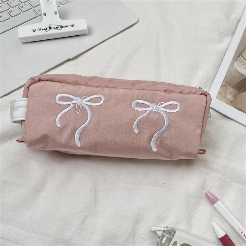 Cute Simple Bowknot Hand-Held Pencil Case Girly Pencil Bags Large Capacity Portable Student Stationery Storage Bag School Supply