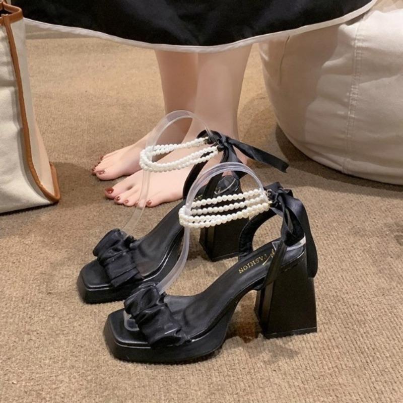 Fashion Mesh Heeled Sandals for Women's Summer New Crystal French Fairy Style Shoes Pearl Chain Luxury Shoes for Women Zapatos De Mujer