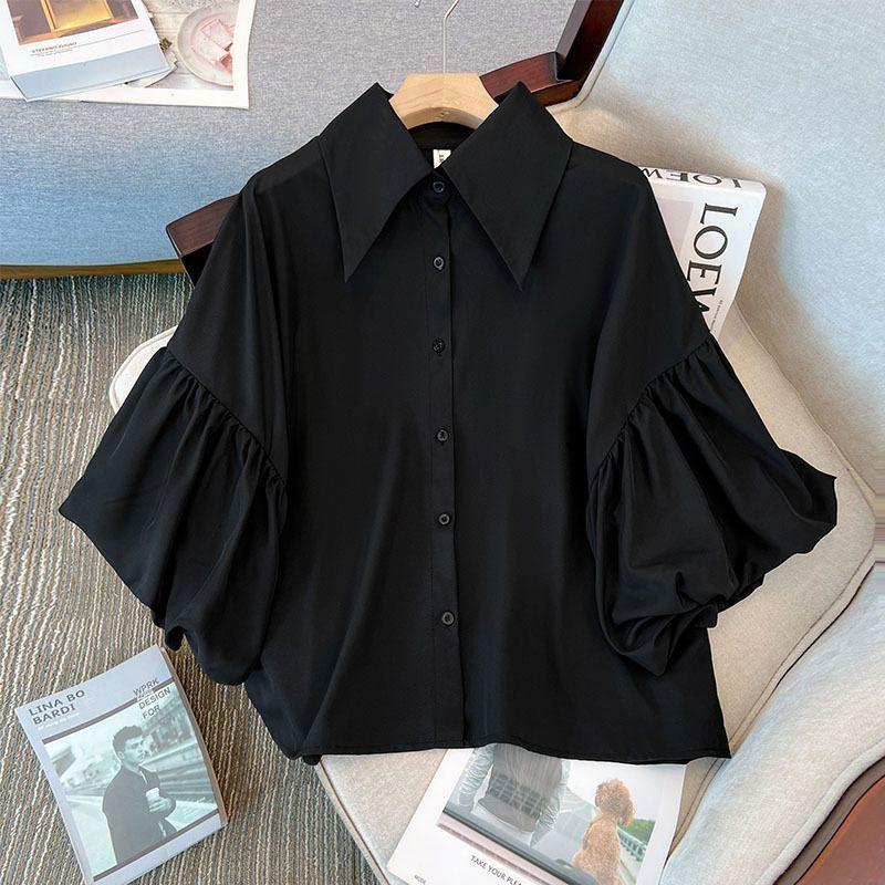 Women Shirt Solid Chiffon White Blouse for Women Loose Vintage Korean Shirts Single Breasted Lantern Sleeve Summer Tops