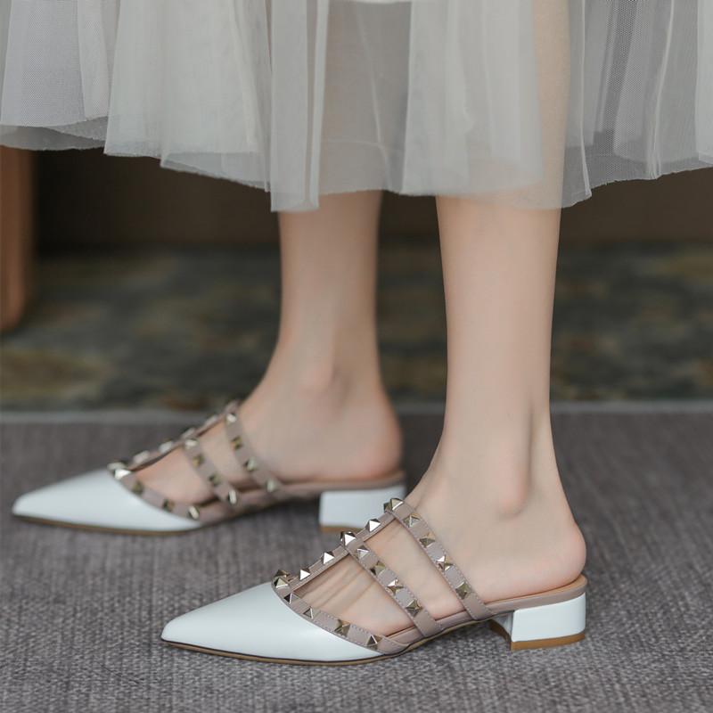 Spring and summer new rivets patent leather thick heel pointed head middle heel bag head lazy versatile half drag wear sandals women's shoes