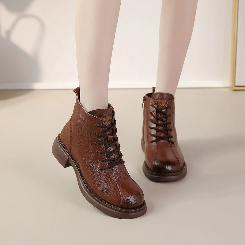 Autumn new first-layer cowhide mid-heel soft-soled women's short boots retro casual leather Martin boots warm women's cotton shoes