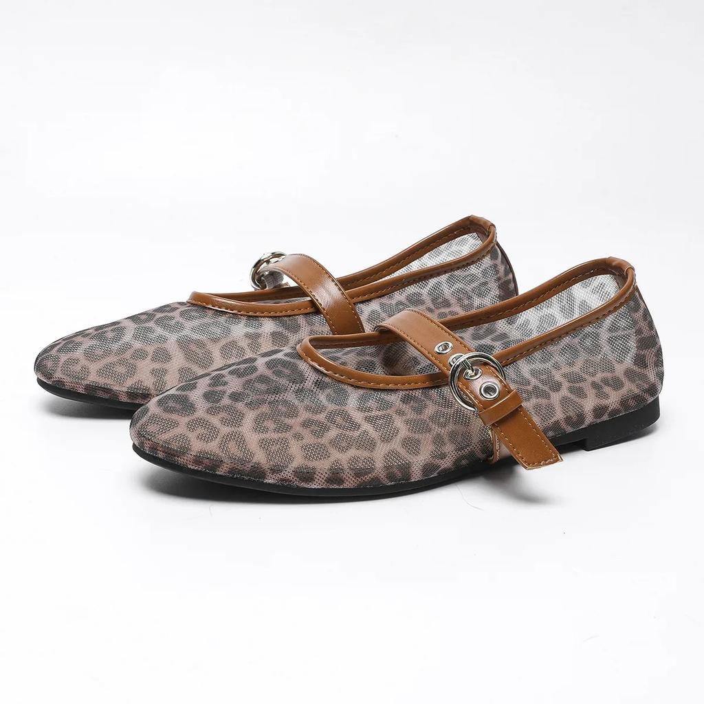 Fashion Leopard Mesh Design Flat Ballet Shoes Women Round Toe Soft Bottom Brand Slippers Breathable Comfortable Fashion Mary Jane Shoes